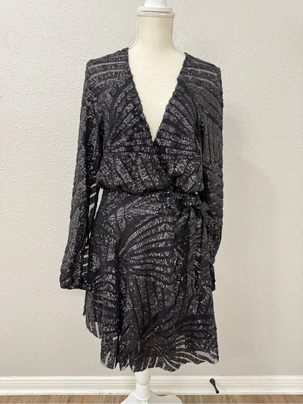 Free People Tiger Eyes Muted Charcoal Sequin Side Tie Wrap Mini Dress Sz S